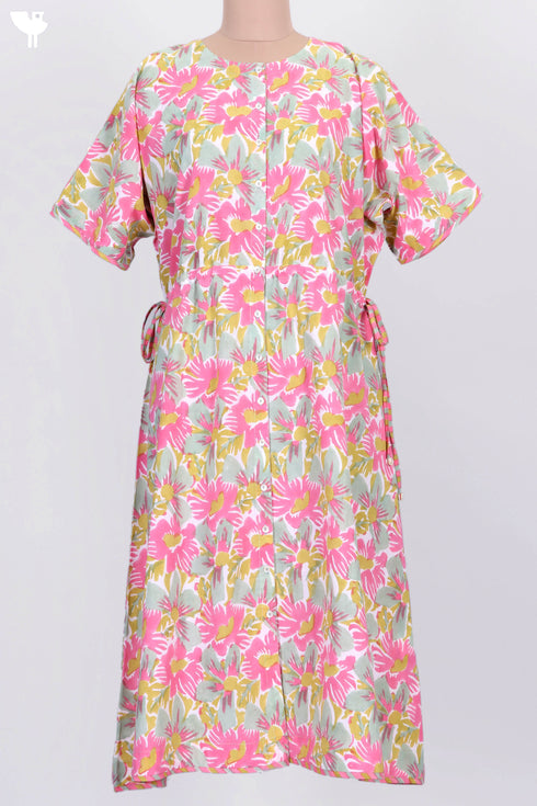 Cambric Cotton Drawstring Midi Dress With Floral Block Print
